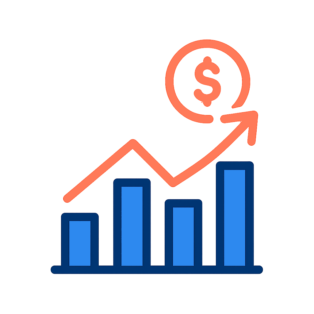 Bar chart indicating positive ROI rising from left to right with an upward arrow and dollar sign