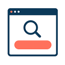 Magnifying glass inside a browser window above a coral search bar icon for SEO services
