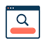 Magnifying glass inside a browser window above a coral search bar icon for SEO services.