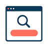 Magnifying glass inside a browser window above a coral search bar icon for SEO services