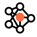 Neural network icon with central orange node representing AI-powered SEO services