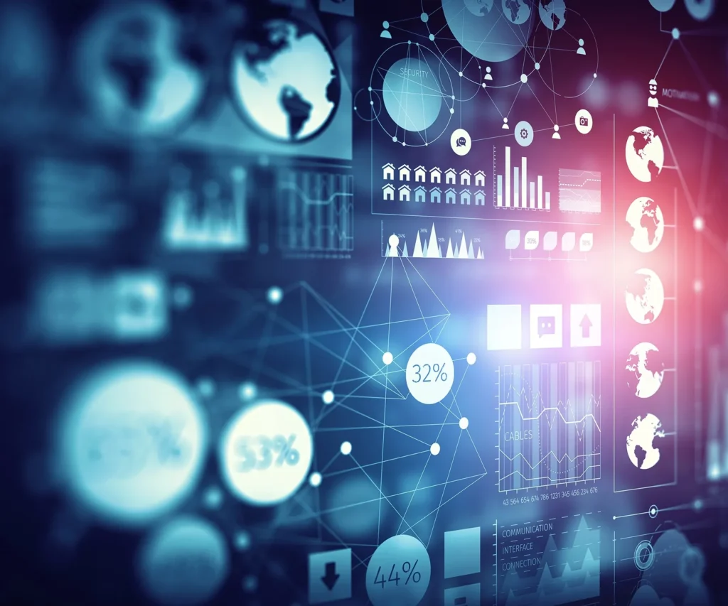 Futuristic data dashboard showing global analytics, performance metrics, and network connections