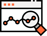 SEO analytics icon showing browser window with search and graph overlay in Silent Freeway orange