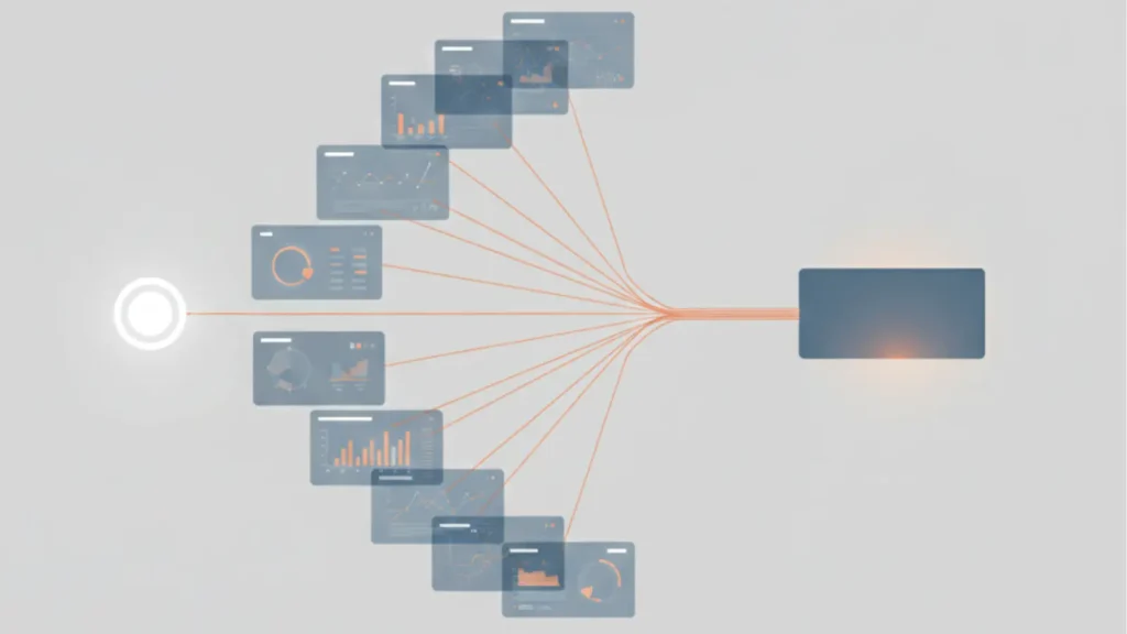 Abstract illustration of AI query fan-out and synthesis into a single result.