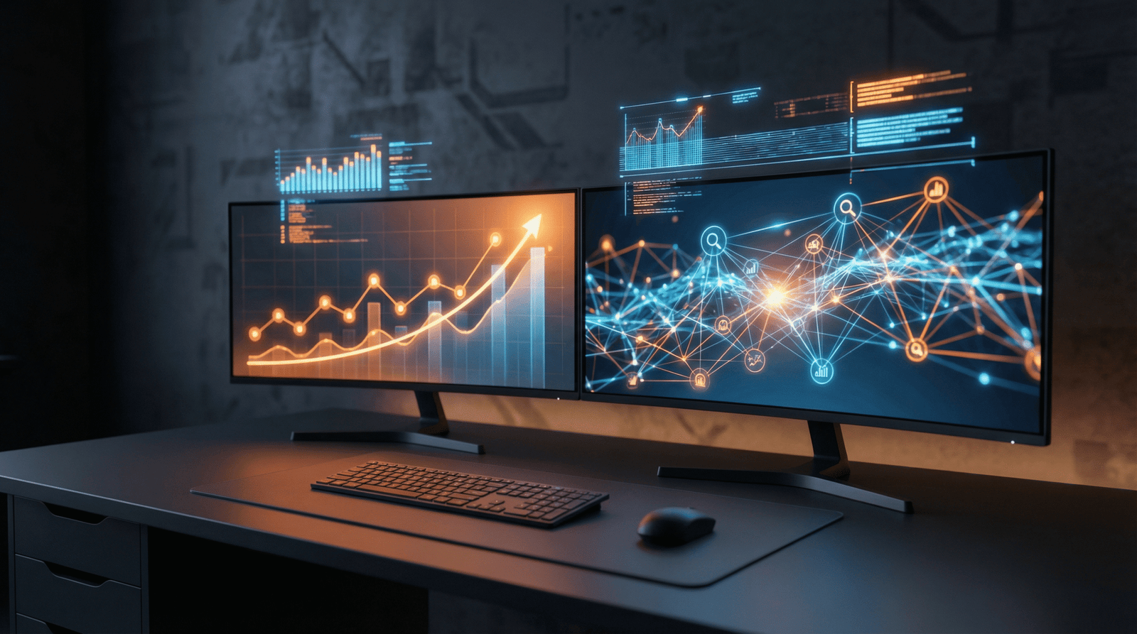 Technical SEO and AEO analytics dashboard showing search ranking data and AI search visibility metrics